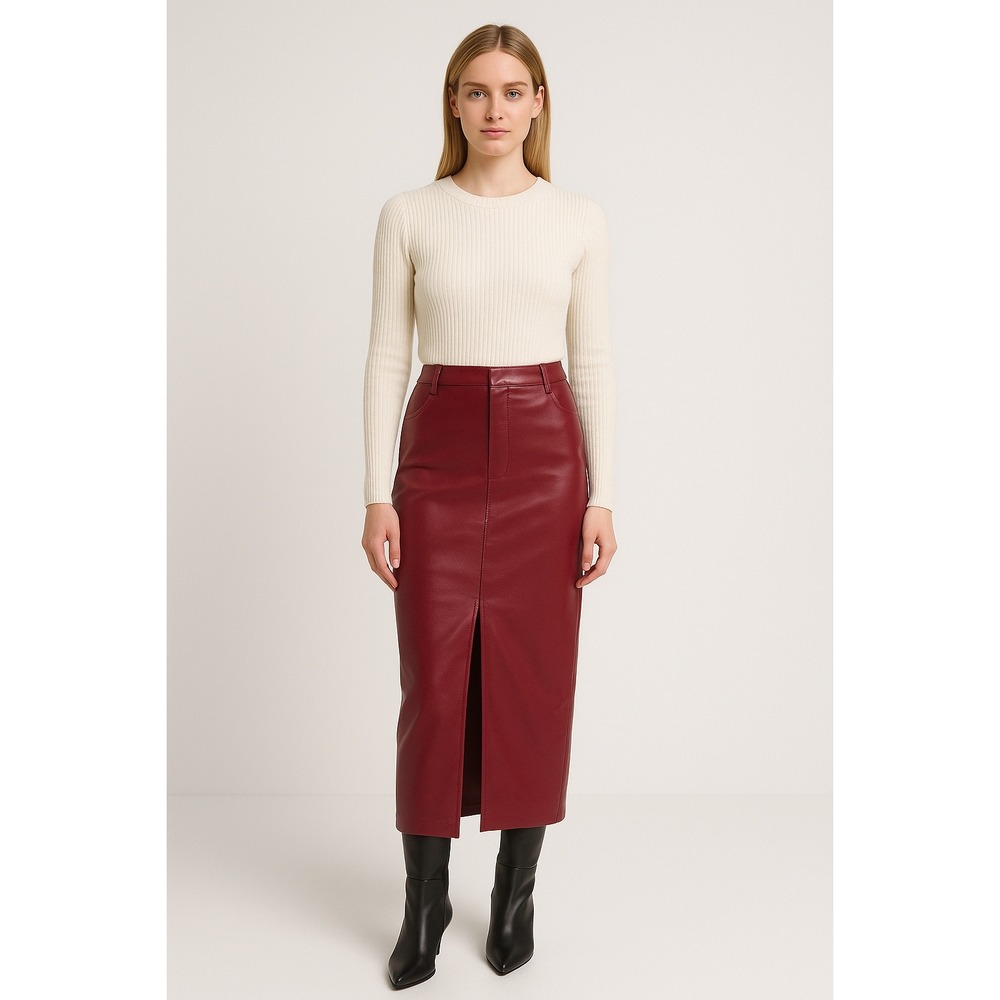 Commense Faux Leather Slit Midi Skirt Burgundy size L